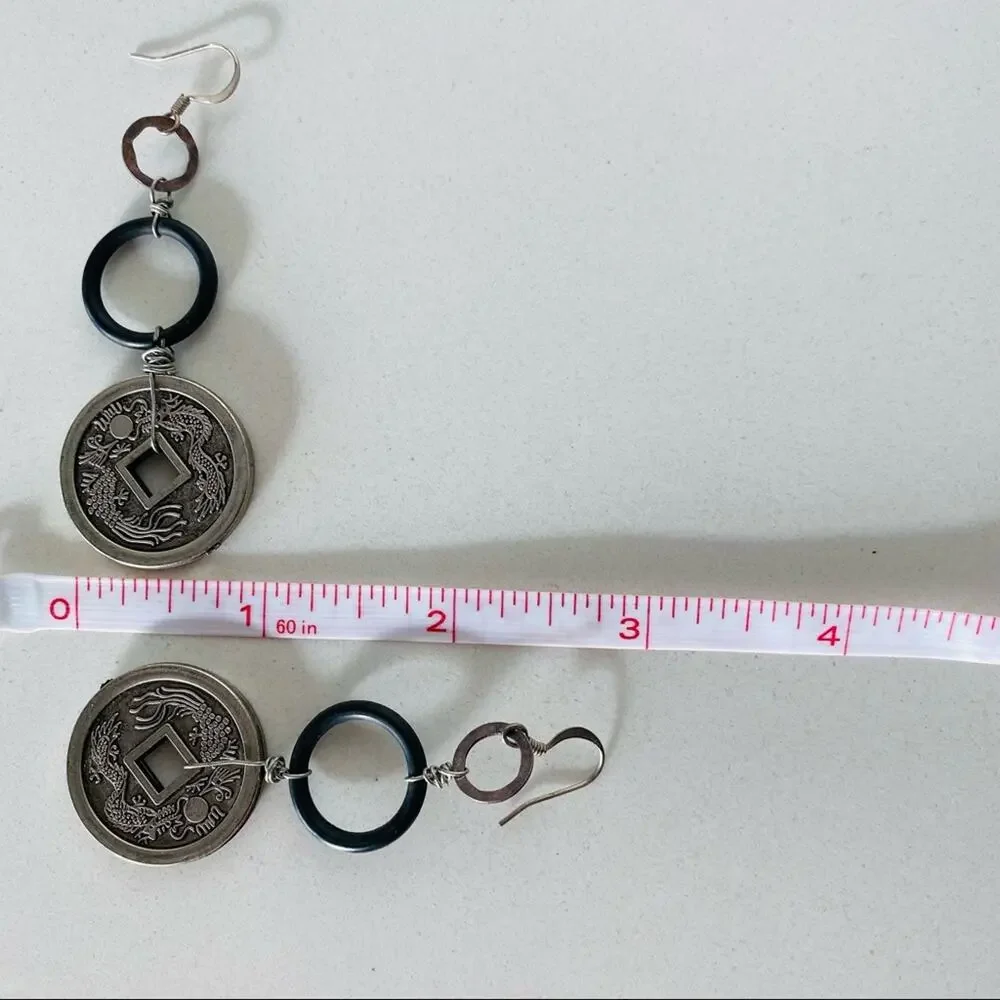 NORDSTROM VINTAGE Silver Medallion Circle Black Layered Drop Earrings Jewelry